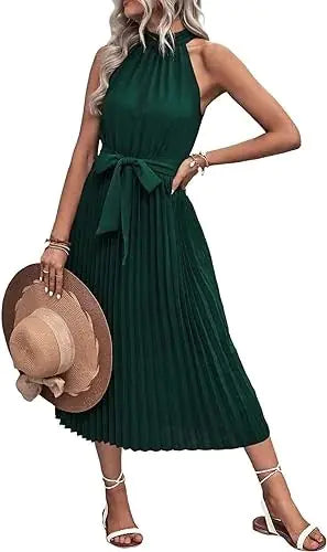 Women's 2023 Summer Sleeveless Halter Neck Pleated Midi Cocktail Dress A Line Flowy Beach Sun Dress with Belt