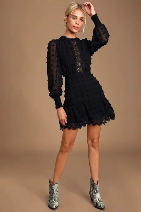 Love Black Embroidered Lace Long Sleeve Dress