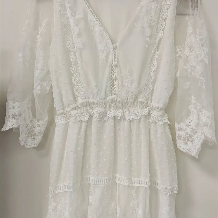 Hollow Out White Dress Sexy Women Lace Long Dress