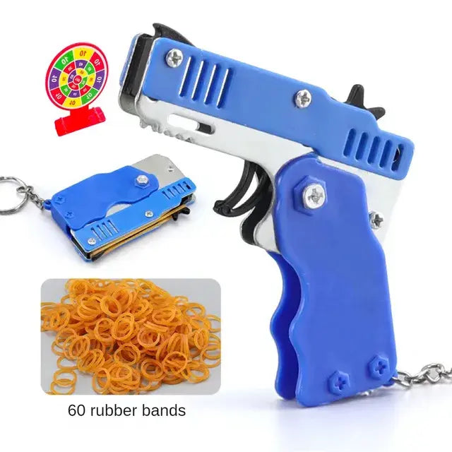 Rubber Band Gun Kids Toy Cool Keychain Mini Metal Folding Shooting Pistol Rubber Launcher Toy Gifts with 60 Elastic Rubber Bands