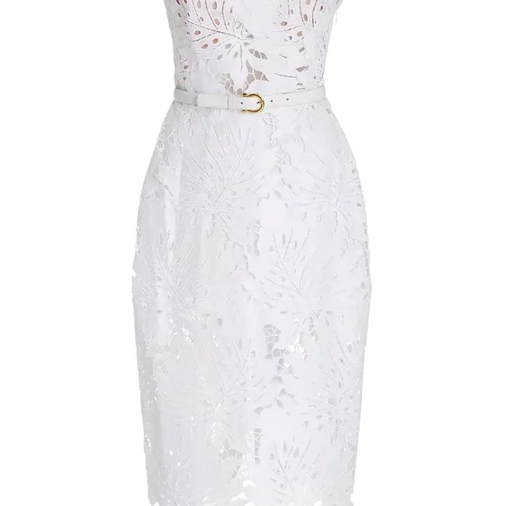 White Midi Dress Flower Cut-Out Elegant Celebrity Party Dress