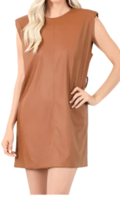 CAMEL LEATHER DRESS /W SHOULDER PADS