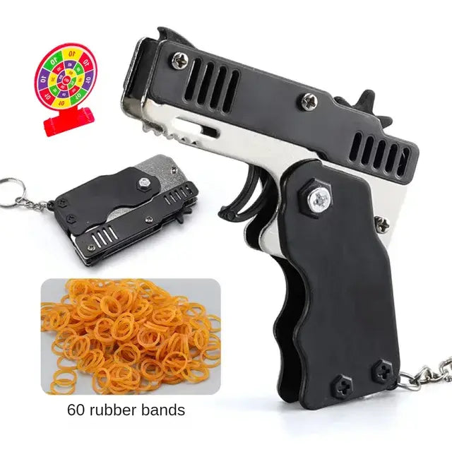 Rubber Band Gun Kids Toy Cool Keychain Mini Metal Folding Shooting Pistol Rubber Launcher Toy Gifts with 60 Elastic Rubber Bands