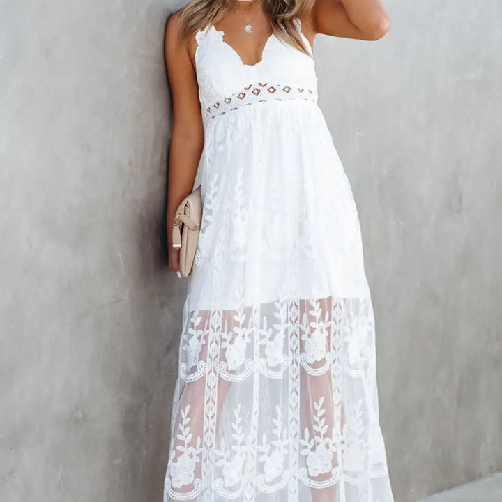 White Lace Crisscross Backless Maxi Dress