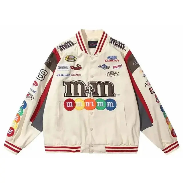 Hip Hop Baseball Jackets Men Women High Street M&M Embroidery Motorcycle Loose Bomber Coats Harajuku Retro Racing Varsity Jacket