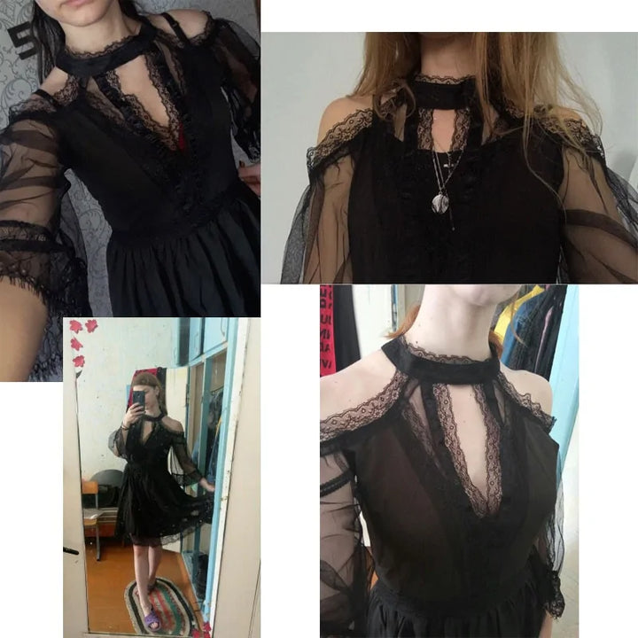 Elegant Vintage Black Mesh Lace Dress