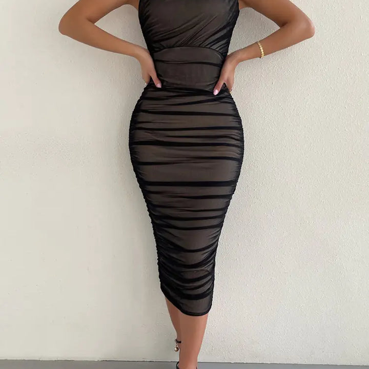 Mesh One-Shoulder Ruched Dress