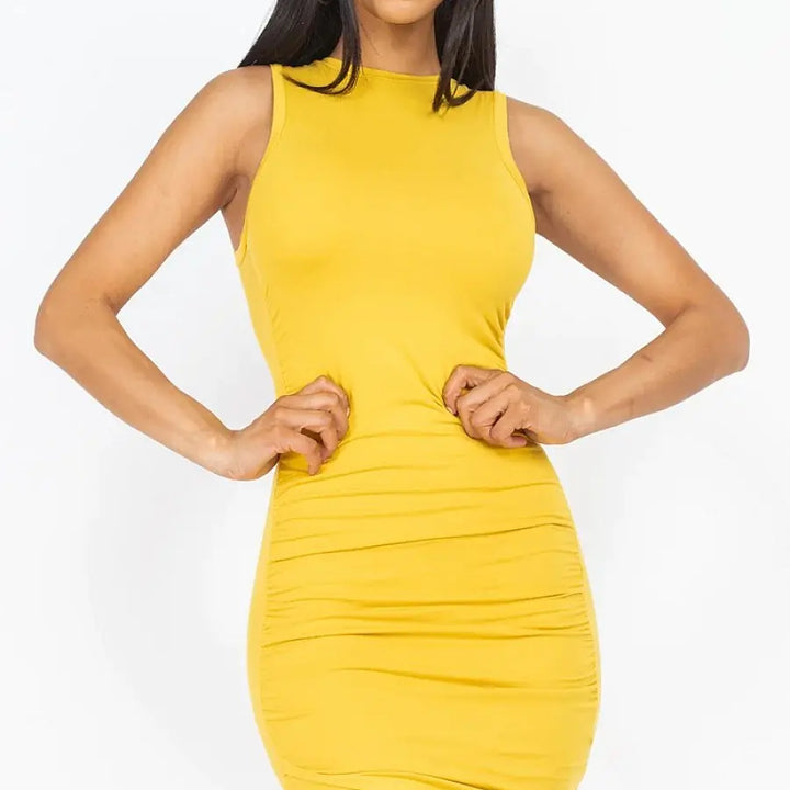 Shirred Bodycon Mini Dress- Stretch knit - Sleeveless