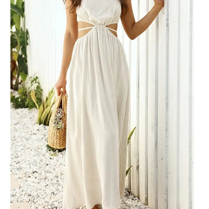 Lace-up Waist Collar Sling Cotton and Linen Dress