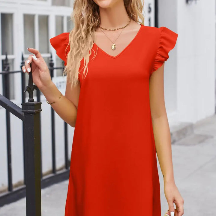 Ruffled V-Neck Flutter Sleeve Dress