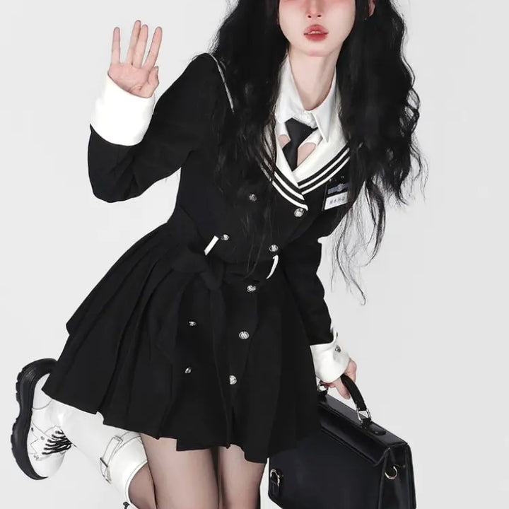 Navy Collar Korean Style Mini Dress