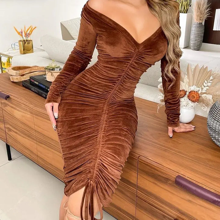 Velvet Drawstring Off Shoulder Midi Dress