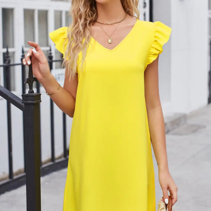 Ruffled V-Neck Flutter Sleeve Dress