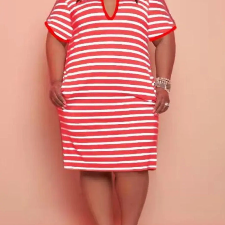 V Neck Striped Pocket Midi Dress