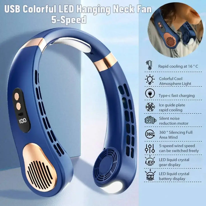 USB Hanging Neck Fan Portable Neck Fan LED Digital Display Leafless Electric Fan Colorful Atmosphere Lights Cooling Fan 5 Speed