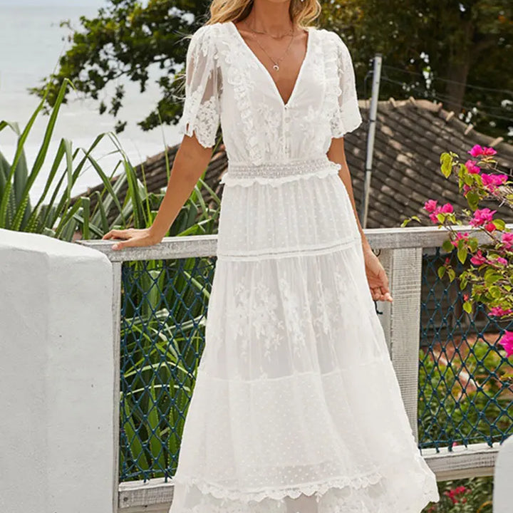 Hollow Out White Dress Sexy Women Lace Long Dress