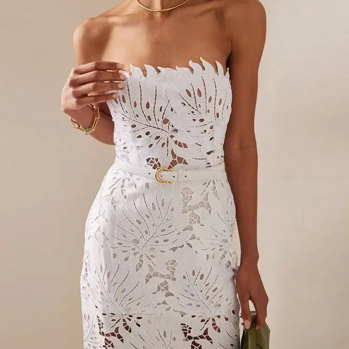 White Midi Dress Flower Cut-Out Elegant Celebrity Party Dress