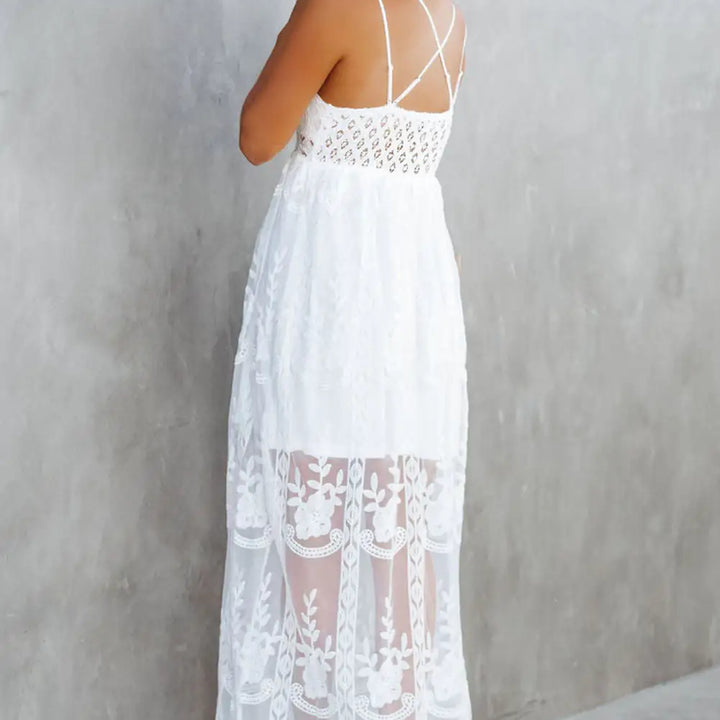 White Lace Crisscross Backless Maxi Dress