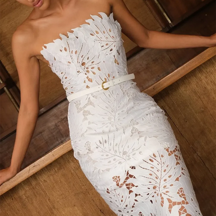 White Midi Dress Flower Cut-Out Elegant Celebrity Party Dress