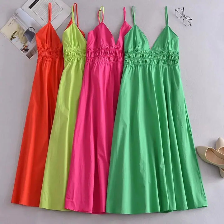 Green Cotton V Neck Summer Women's Dress