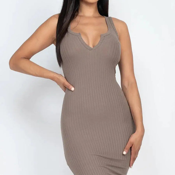 SPLIT NECK RIBBED BODYCON DRESS