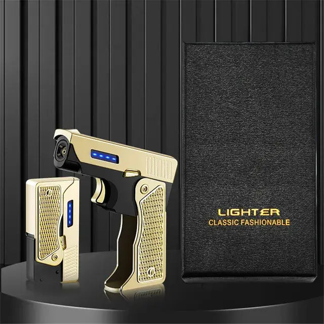 Arc Plus Straight Flame Butane Double Flame Lighter Creative Foldable Gun Torch Plasma Dual Arc Windproof Lighter Cigar Gadgets