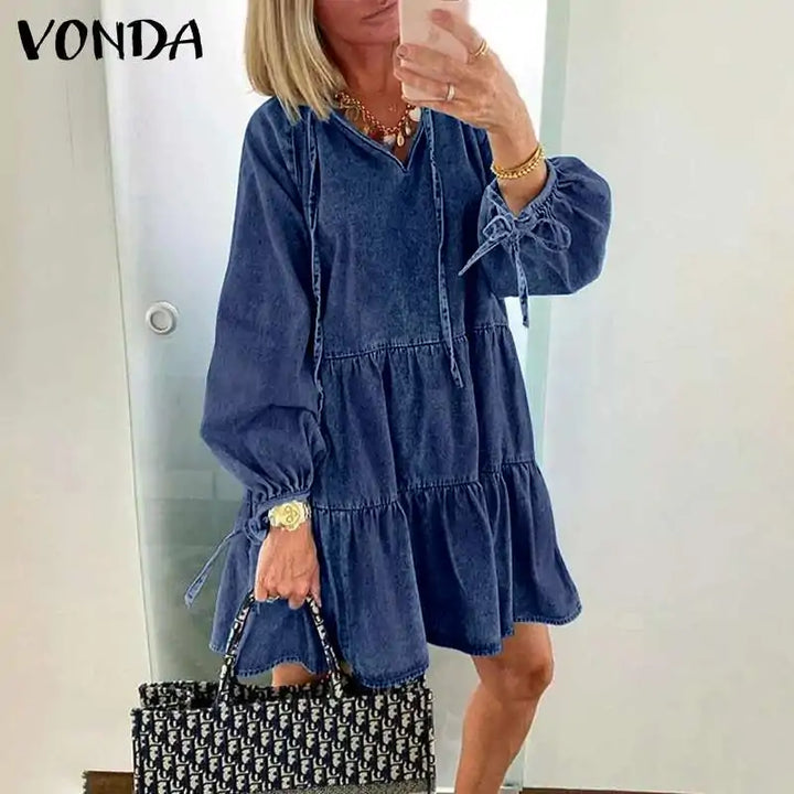 VONDA 2021 Autumn Women's Ruffled Denim Mini Dress