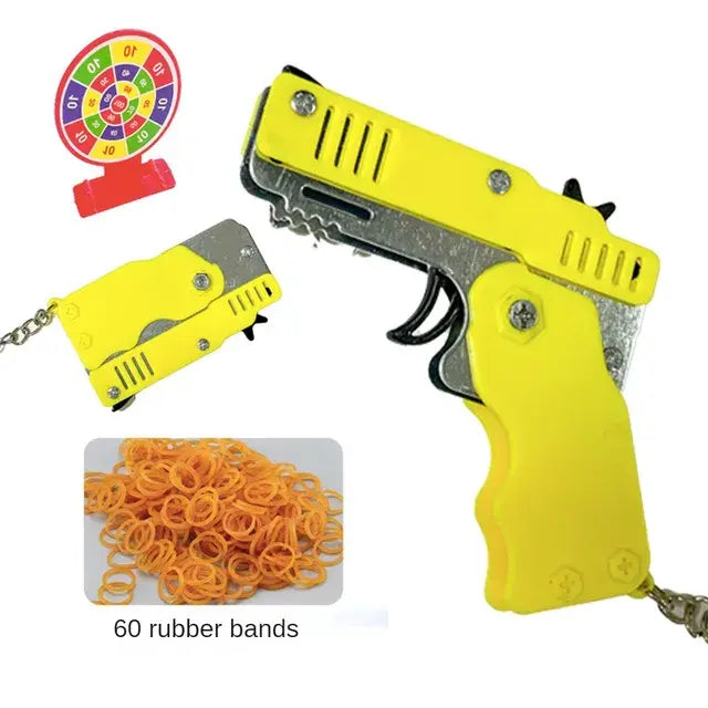 Rubber Band Gun Kids Toy Cool Keychain Mini Metal Folding Shooting Pistol Rubber Launcher Toy Gifts with 60 Elastic Rubber Bands