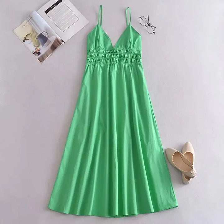 Green Cotton V Neck Summer Women's Dress