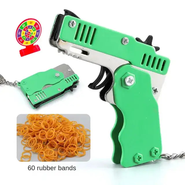 Rubber Band Gun Kids Toy Cool Keychain Mini Metal Folding Shooting Pistol Rubber Launcher Toy Gifts with 60 Elastic Rubber Bands