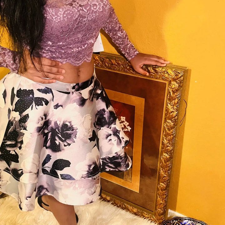 City Vibe Long-Sleeve Lace Top with Floral Skirt Two-Piece Dress