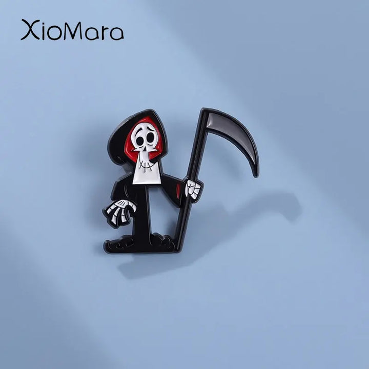 Cartoon Grim Reaper Brooch Enamel Pin Creative Comedy Anime Figure Metal Badges Decorative Lapel Halloween Jewelry Gift Wholesae