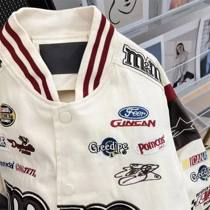 Hip Hop Baseball Jackets Men Women High Street M&M Embroidery Motorcycle Loose Bomber Coats Harajuku Retro Racing Varsity Jacket