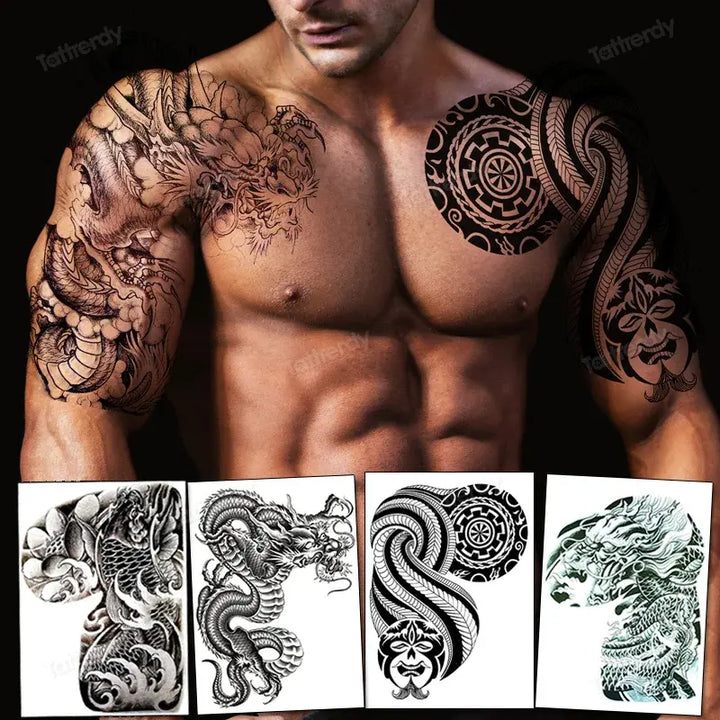 Men Boy Temporary Tattoo Stickers Shoulder Chest Muscle Body Art Painting Large Tattoos Adult Sexy Fake Tattoo Dragon Totem Big