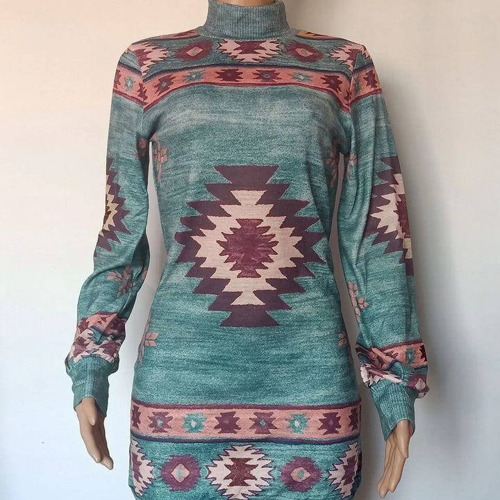 Bohemian Print Mini Dress for Women - Long Sleeve, Skinny Fit, Casual, for Autumn and Winter