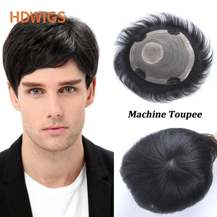 HDWIGS Men Machine Toupee Straight 100% Remy Human Hair System Wave Male Toupees Human Hair Wigs Short Hair Wigs Natural Color