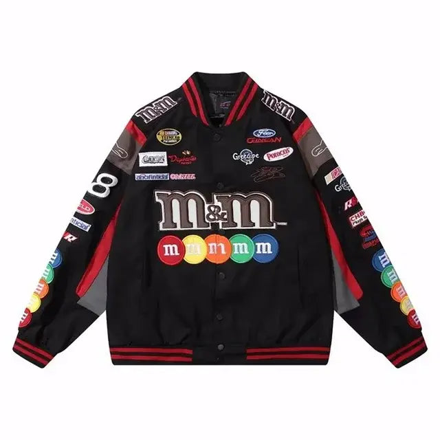 Hip Hop Baseball Jackets Men Women High Street M&M Embroidery Motorcycle Loose Bomber Coats Harajuku Retro Racing Varsity Jacket