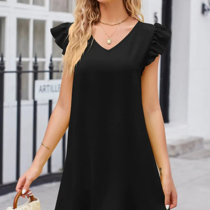 Ruffled V-Neck Flutter Sleeve Dress