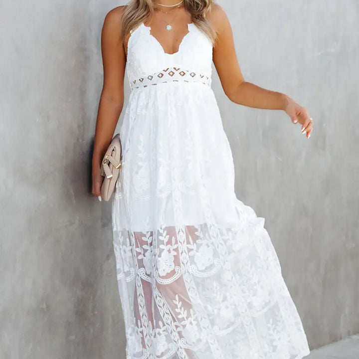 White Lace Crisscross Backless Maxi Dress