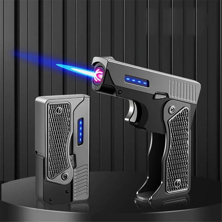 Arc Plus Straight Flame Butane Double Flame Lighter Creative Foldable Gun Torch Plasma Dual Arc Windproof Lighter Cigar Gadgets