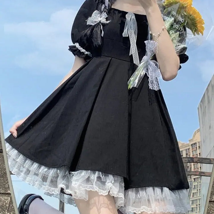 Lace Black Puff Sleeve Short Dress