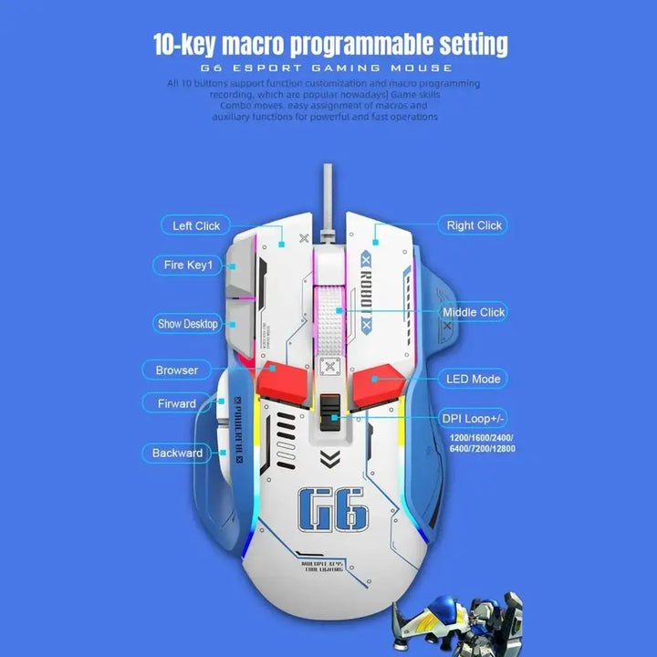 G6 Wire-controlled RGB Gaming Mouse Programmable Mouse 12800 DPI Programmable Game Mice for Computer PC Laptop Accessories