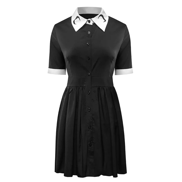 Collar Crescent Print Goth Pleated Mini Dress