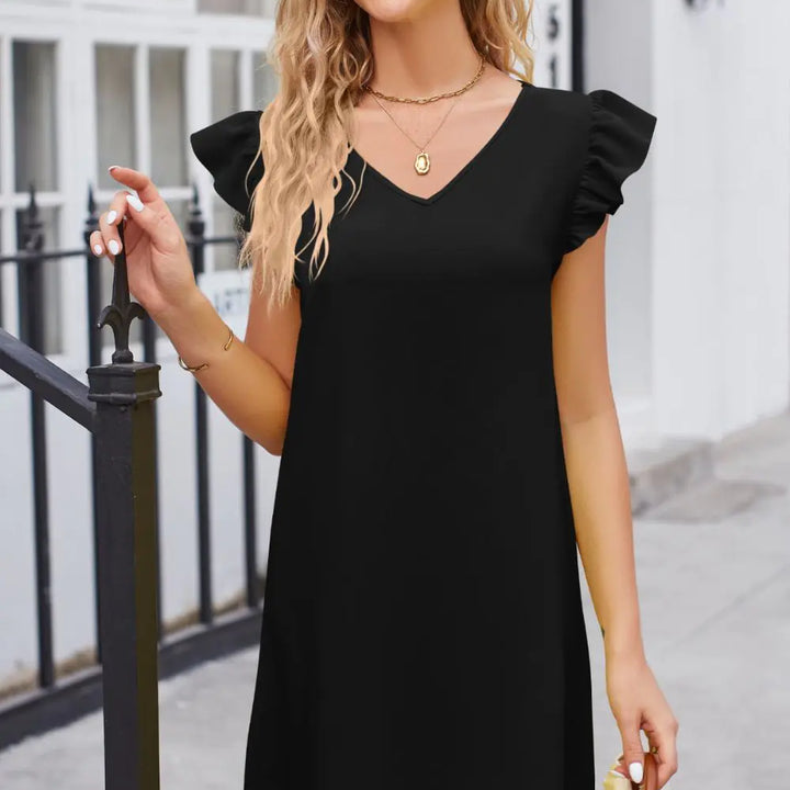 Ruffled V-Neck Flutter Sleeve Dress