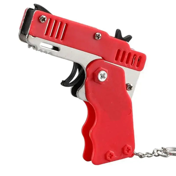 Rubber Band Gun Kids Toy Cool Keychain Mini Metal Folding Shooting Pistol Rubber Launcher Toy Gifts with 60 Elastic Rubber Bands