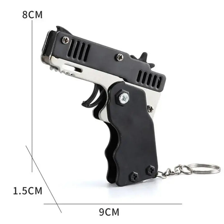 Rubber Band Gun Kids Toy Cool Keychain Mini Metal Folding Shooting Pistol Rubber Launcher Toy Gifts with 60 Elastic Rubber Bands