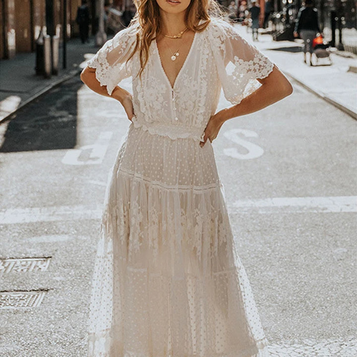 Hollow Out White Dress Sexy Women Lace Long Dress