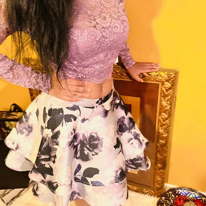 City Vibe Long-Sleeve Lace Top with Floral Skirt Two-Piece Dress