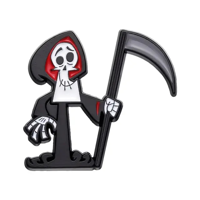 Cartoon Grim Reaper Brooch Enamel Pin Creative Comedy Anime Figure Metal Badges Decorative Lapel Halloween Jewelry Gift Wholesae