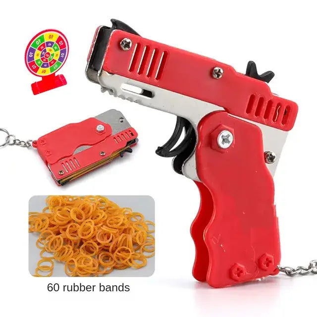 Rubber Band Gun Kids Toy Cool Keychain Mini Metal Folding Shooting Pistol Rubber Launcher Toy Gifts with 60 Elastic Rubber Bands